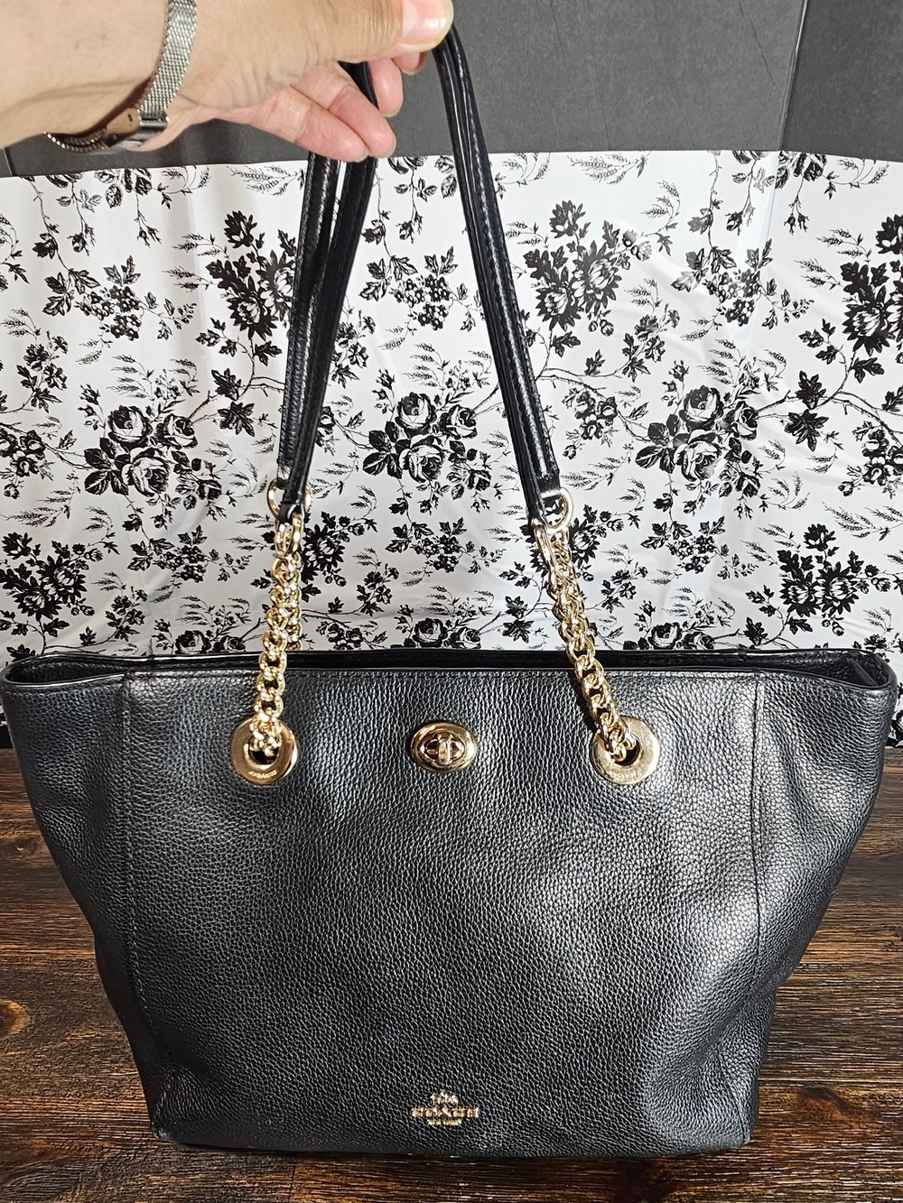 Coach Black Pebbled Leather Tote with Gold Chain Straps